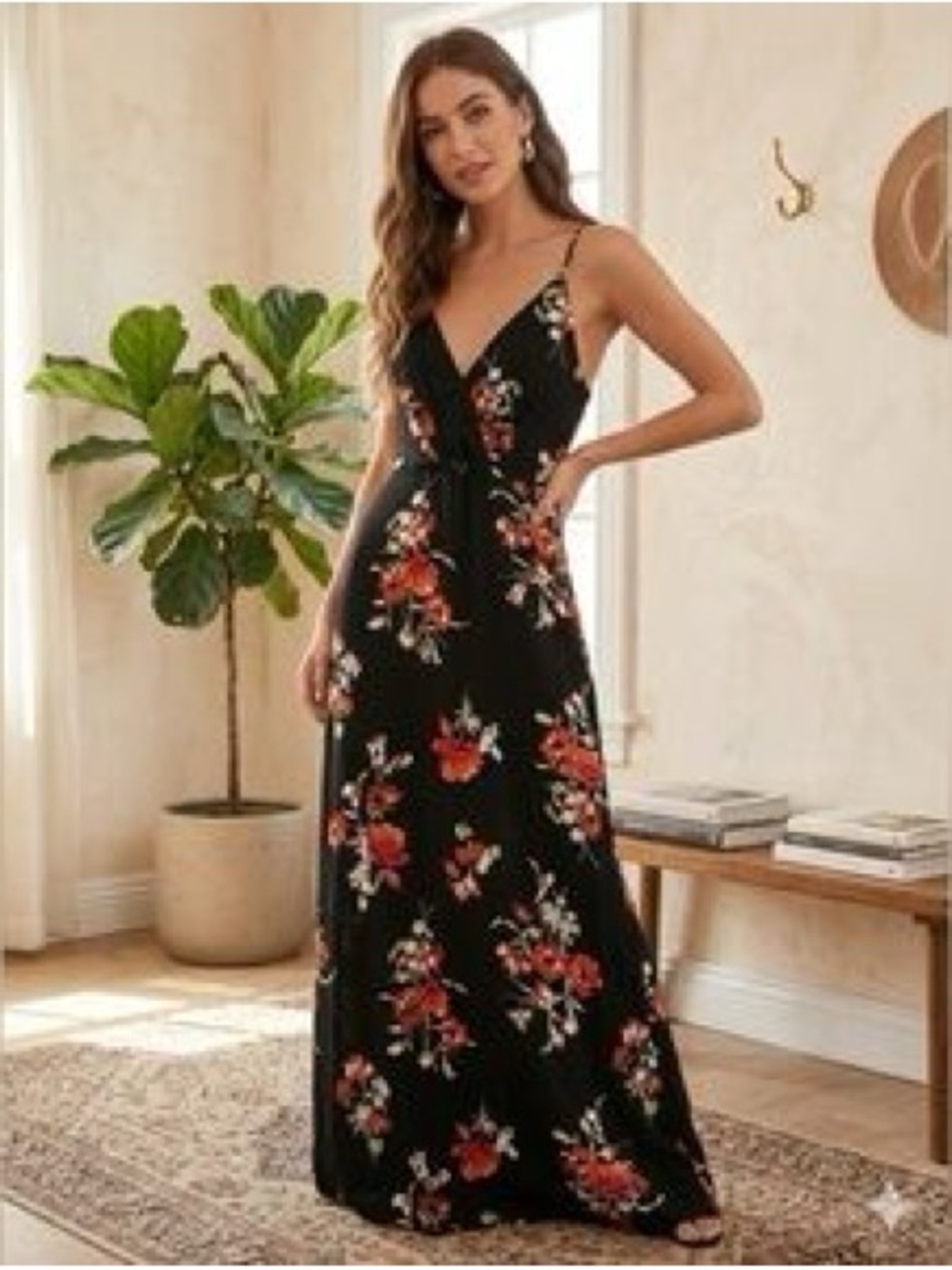 Lush Floral V-Neck Black Maxi Dress with Spaghetti Straps